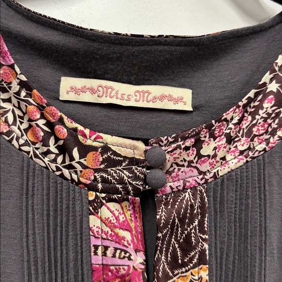 Miss Me Charcoal Dress with Pink and Orange Floral Trim L - Picture 2 of 5